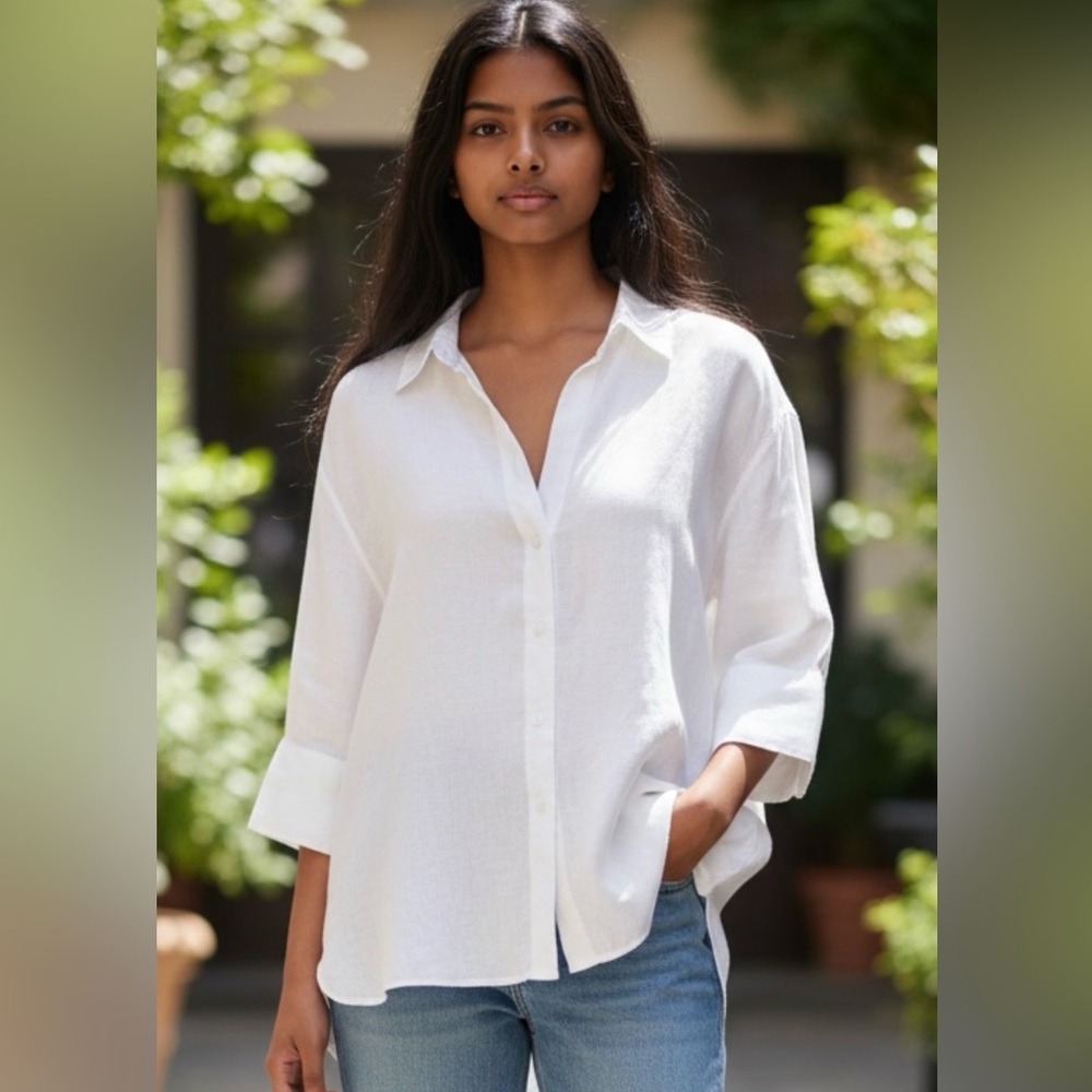 ZARA White 100% Linen Oversized Button Front Tunic Blouse XL Relaxed Shirt